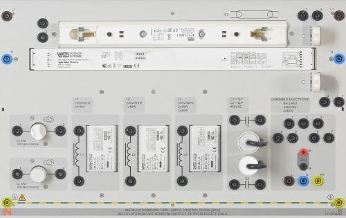 Technical data: Operating voltage: 230 V AC/50 Hz 1 On-off switch 1 Multi-circuit switch 1 Dimmer for electronic loads 2 Fluorescent tube sockets, left Inputs and outputs: 2-mm safety sockets