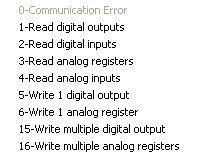 El código 0 Error de Comunicación es un código de función virtual asociado a las señales virtuales de error de comunicación con los esclavos, no puede ser seleccionado para uso normal.