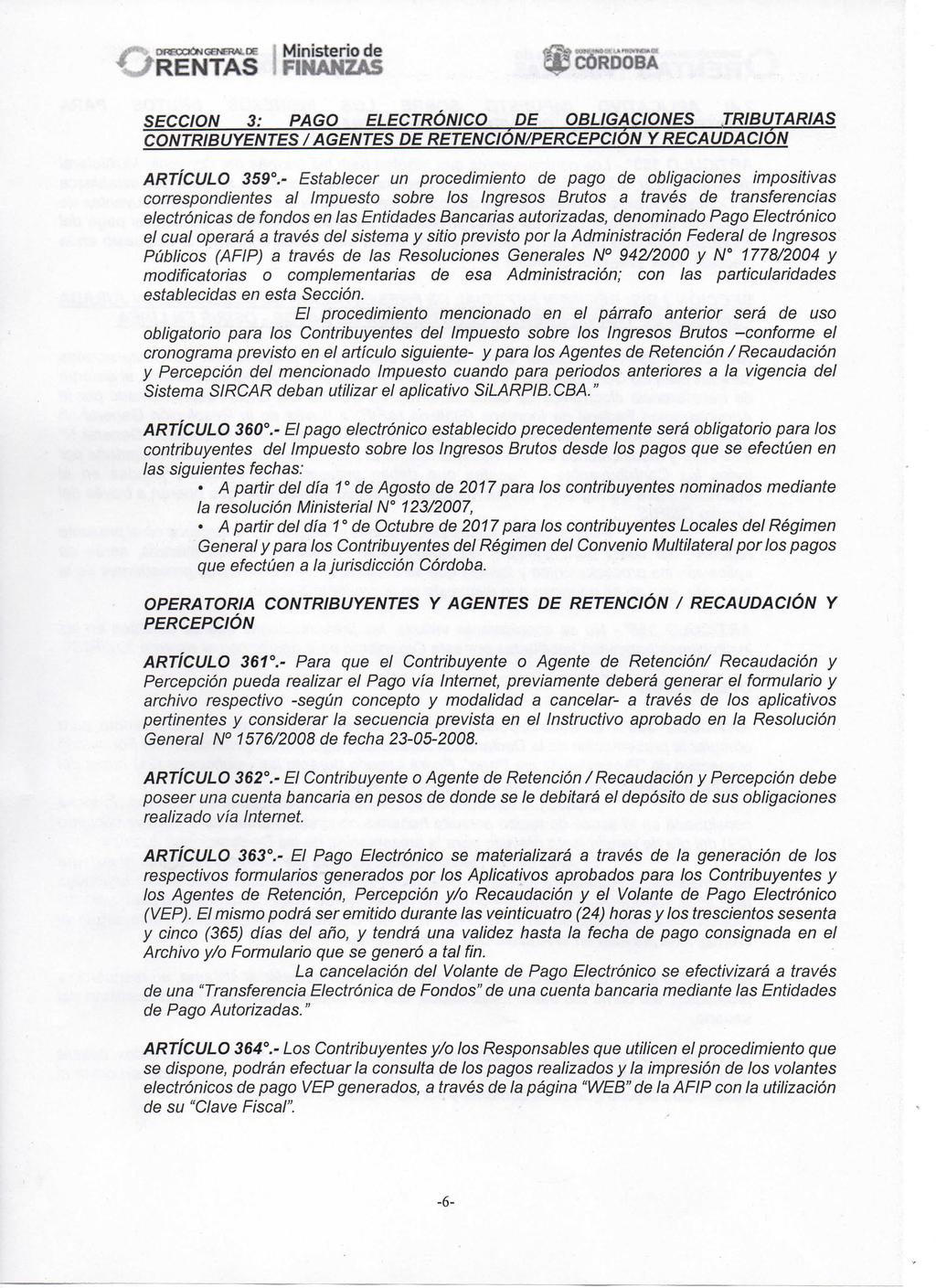 SECCION 3: PAGO ELECTRÓNICO DE OBLIGACIONES TRIBUTARIAS CONTRIBUYENTES / AGENTES DE RETENCION/PERCEPCION Y RECAUDACION ARTÍCULO 359.