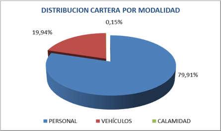 DISTRIBUCION CARTERA POR MODALIDAD MODALIDAD VALOR $ PARTICIPACION PERSONAL 11.509 79,91% VEHÍCULOS 2.
