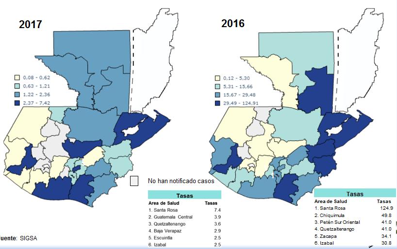 Las tasas de incidencia de Chikungunya por 100,000 habitantes y área de salud hasta la semana 27 de los años 2016-2017, identifica que las áreas de salud de mayor riesgo para este evento en el