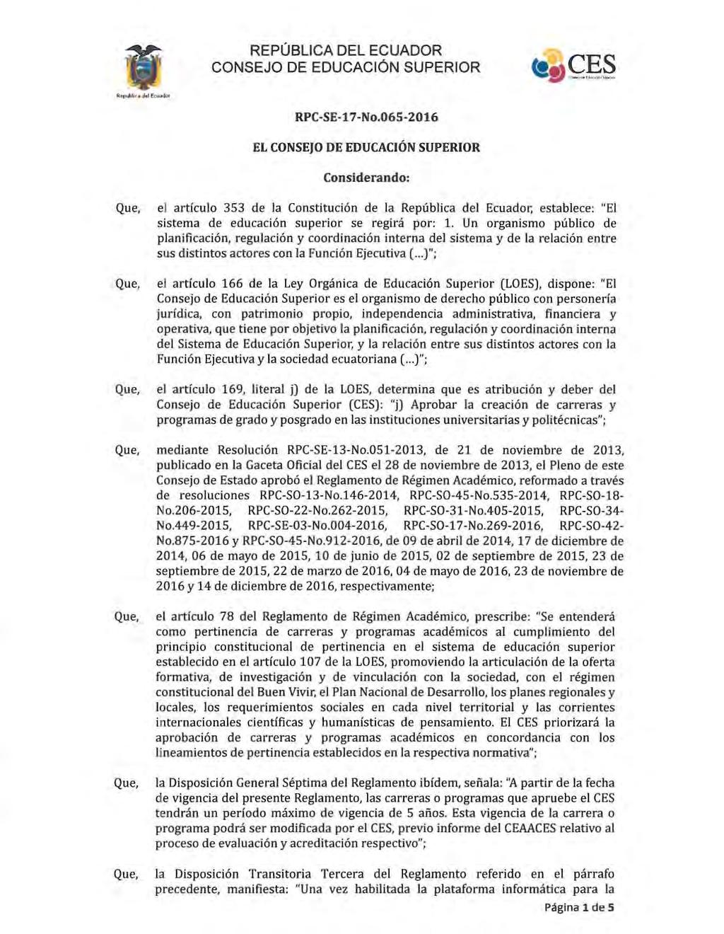 REPÚBLICA DEL ECUADOR CONSEJO DE EDUCACiÓN SUPERIOR RPC-SE-17-No.