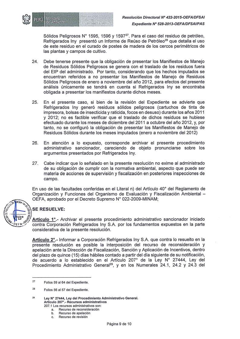 Resolución Directora/ Nº 422-2015-0EFAIDFSAI Expediente Nº 528-2013-0EFAIDFSAI/PAS Sólidos Nº 1595, 1596 y 1597 27.