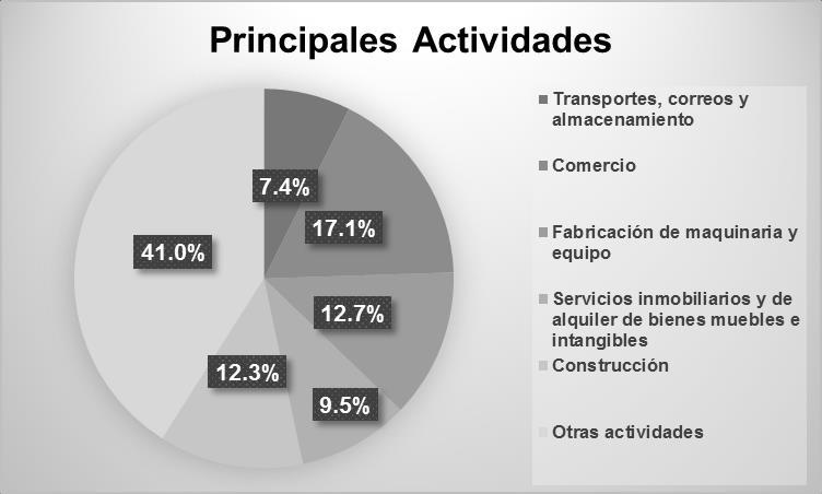Entre las principales actividades se encuentran: comercio (17.1%); fabricación de maquinaria y equipo (12.7%); construcción (12.