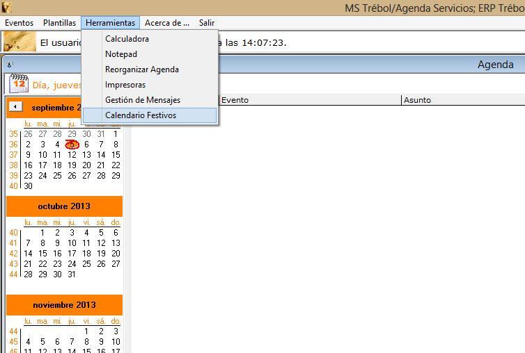 Calendario Festivos El Sistema incluye un Calendario por año para conocer los días festivos a efectos de contabilizar en los eventos las horas trabajadas por los RR.HH.