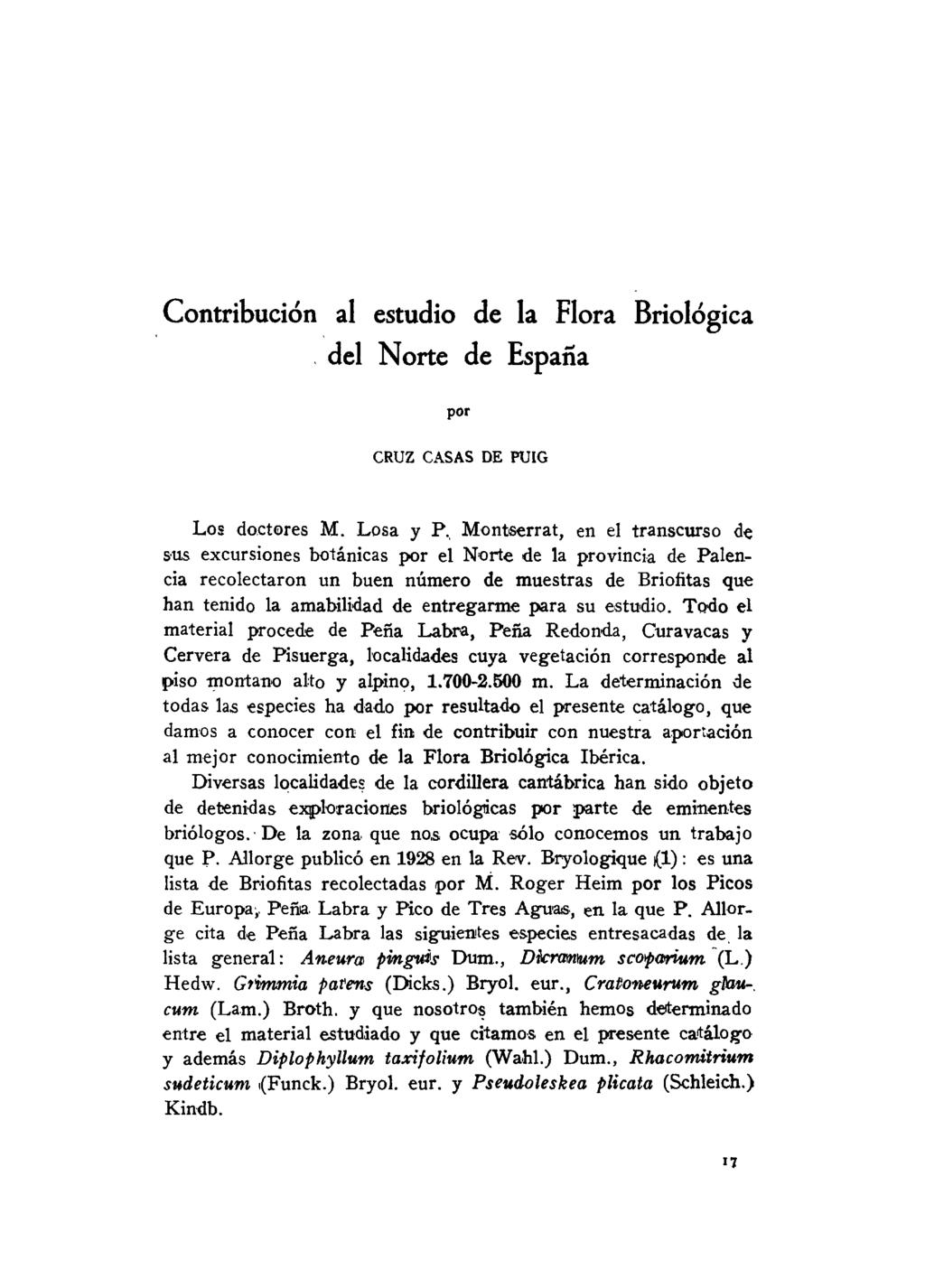Contribución al estudio de la Flora Briológica del Norte de España por CRUZ CASAS DE PUIG Los doctores M. Losa y P.