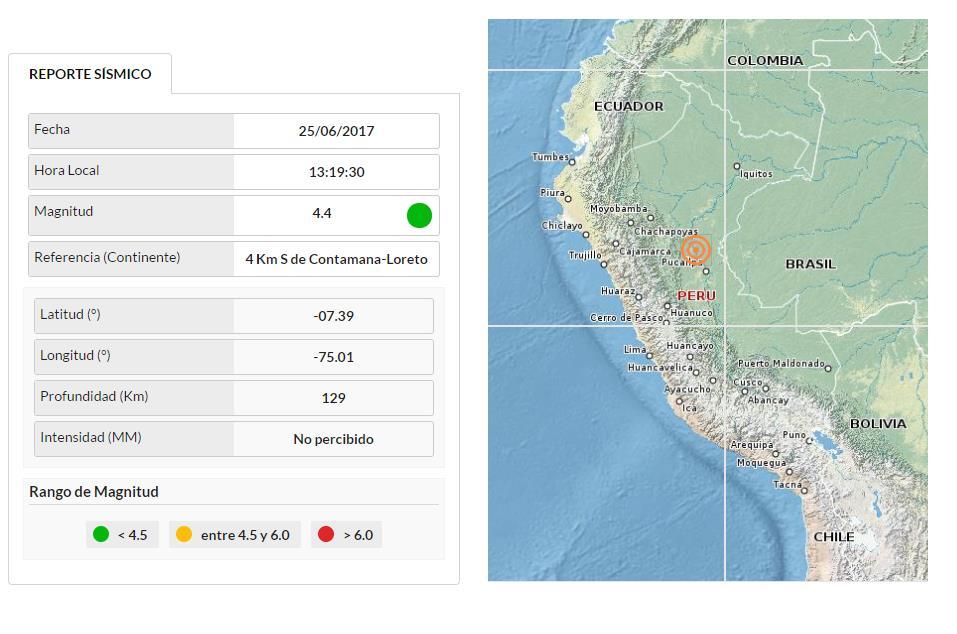 Sismo de 4.4 grados de magnitud local se produjo esta tarde en el distrito de Contamana, en Loreto Un sismo de 4.