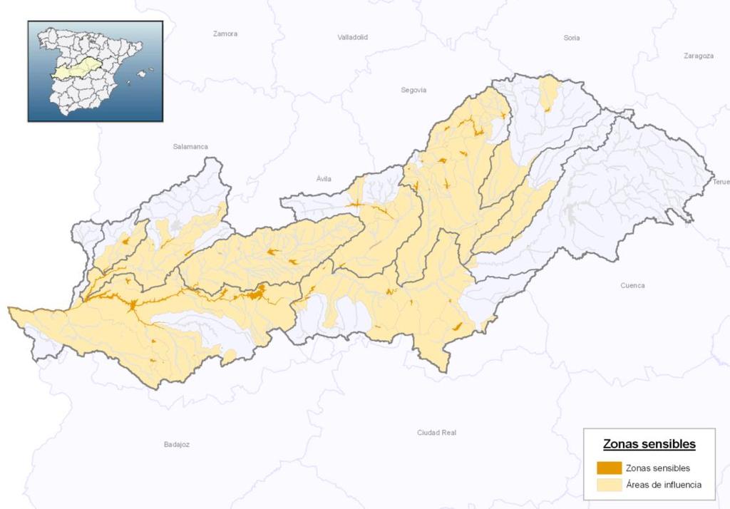 3.5 Zonas sensibles En la parte española de la Demarcación Hidrográfica del Tajo hay 53 zonas sensibles, cuyas zonas de influencia suman un total de 32815, 6 km 2 representando un 60% de la