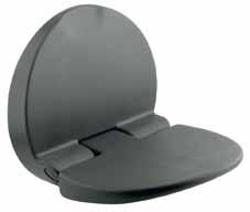 Round tip-up shower seat; stainless steel inside; expanded polyurethane outside; capacity max 150 Kg.