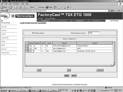 Funciones (continuación) Pasarelas 0 Pasarela FactoryCast Funciones (continuación) Notificación de alarmas por correo electrónico Las pasarelas TSX ETG 1000/1010 pueden, en un evento específico,