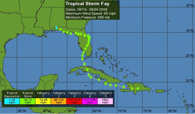 Trayectoria durante los días 17 y 18 Fig. 9 Trayectoria seguida por la tormenta tropical Fay.