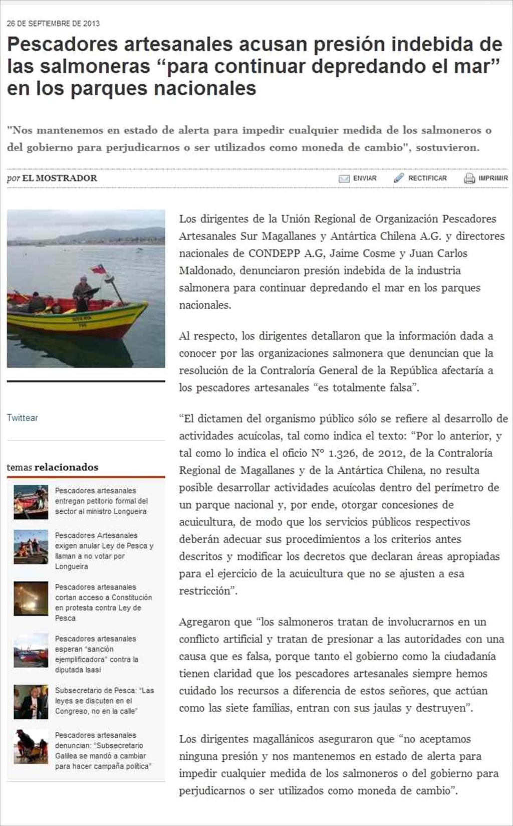 26-09-2013 EL MOSTRADOR - STGO-CHILE 44 2 PESCADORES ARTESANALES ACUSAN PRESION INDEBIDA
