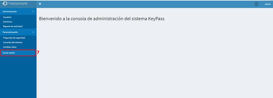 6. Cambiar Clave: Permite modificar la clave del usuario que esta logueado en la consola de administración de keypass. 7.