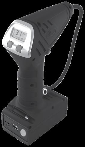 DIGITAL GAUGE 0-99 PSI range INFLATE RIGHT TECHNOLOGY Inflator automatically shuts off when the set pressure level is achieved TRIGGER LOCK BATTERY LIFE INDICATOR LIGHTS Four lights = fully charged