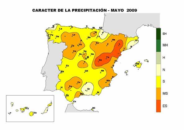 Precipitación Mayo ha sido seco a muy seco en la mayor parte del territorio peninsular y archipiélagos, siendo el déficit de lluvias especialmente acusado en las regiones mediterráneas, oeste y