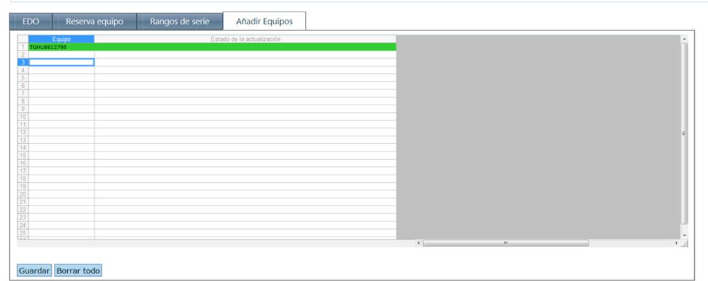 8. En la pestaña de Añadir Equipos En la pestaña de Añadir Equipo. Aparece una hoja de Excel donde te permitirá capturar hasta 100 contenedores como máximo.