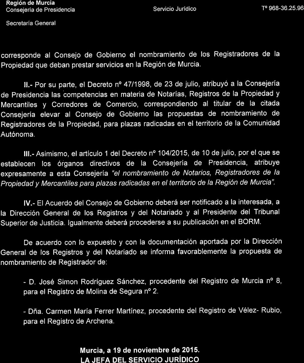 3 g! r Región de Murcia Consejería de Presidencia Servicio Jurídico To 968-36.25.