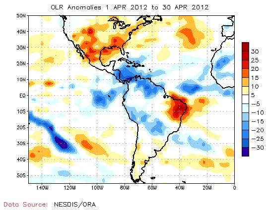 La anomalía de Radiación de Onda Larga (OLR, por sus siglas en inglés) indica valores negativos sobre el Mar Caribe cerca de
