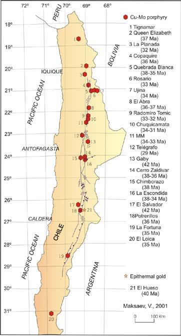 Figura 1.3. Franjas metalogénicas del Eoceno Superior Oligoceno Inferior del Norte de Chile (izquierda) y del Mioceno de Chile Central (derecha). Maksaev (2001), Maksaev et al. (2007).