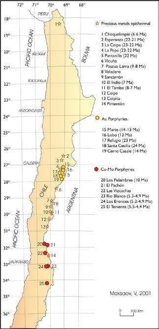 Durante la evolución del arco magmático Mioceno ocurren yacimientos de vetas y brechas epitermales de oro en la franja de Maricunga, región de Atacama, estos junto a yacimientos de pórfido de oro.