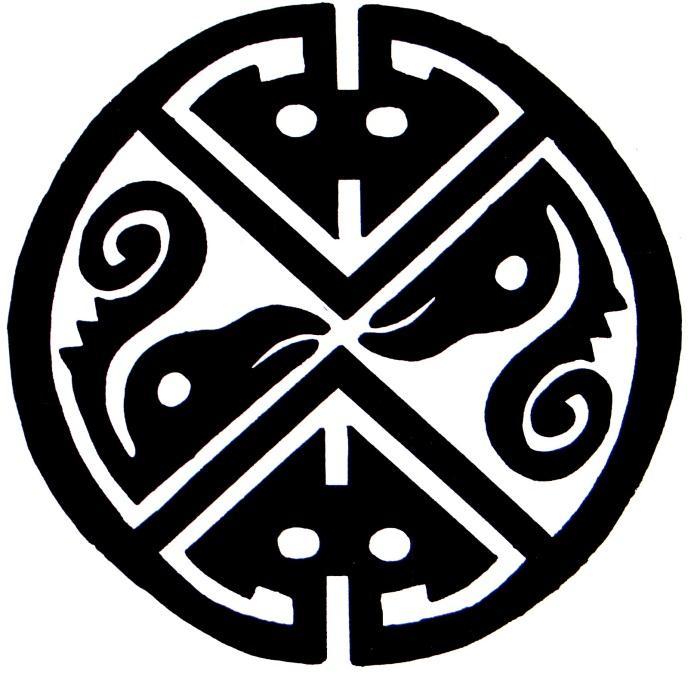 Muestra, confrontados de modo dual, el emblema de la divinidad y el ave de la costa o ave marina.