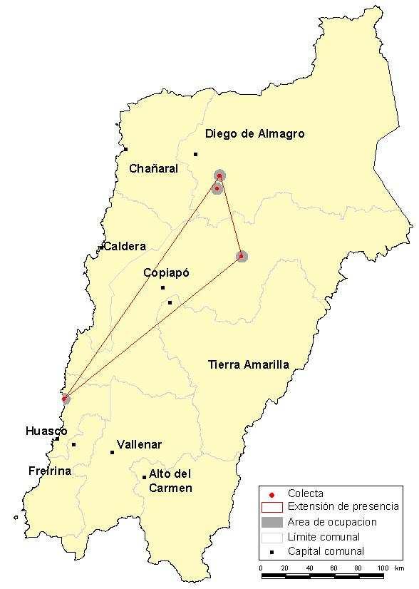 Figura 2: Mapa de extensión de la presencia parcial (solamente para Región Atacama) de