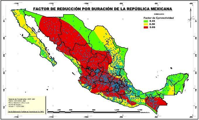 Figura 7 Mapa Factor de reducción por duración de México Mediante el mapa, se localiza la zona de los Estados Unidos Mexicanos donde se encuentra la cuenca de aporte, trazada a partir de la estación