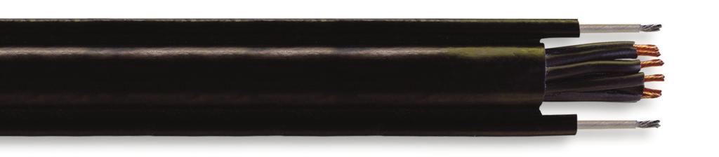 Conductor de cobre electrolítico, flexibilidad clase V, aislamiento PVC, cubierta exterior PVC/NBR, color negro y dos fiadores laterales de acero adosados a la cubierta.