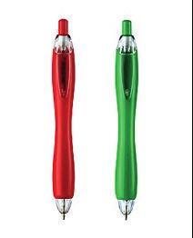 Colores: Negro - Azul - Verde - Rojo - Naranja - Rosa. Lápiz plástico blanco, con tonalidades de colores translúcido, pulsador retráctil con punta y clip metálico.