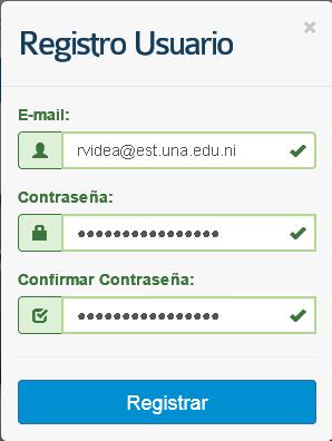 5) Digite su cuenta de correo y la clave de acceso que utilizará en portal web Académica a como se muestra en la siguiente figura, al finalizar haga clic en el botón Registrar.