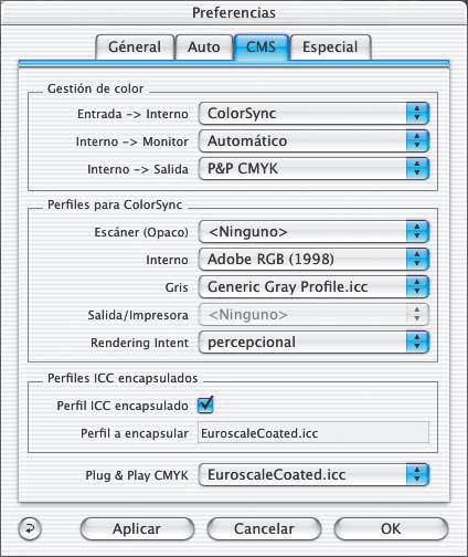 Se puede elegir entre ninguno, usar perfil encapsulado (sólo en SilverFastHDR, - DC, -DCPro, -PhotoCD) y ColorSync (windows: ICM ).