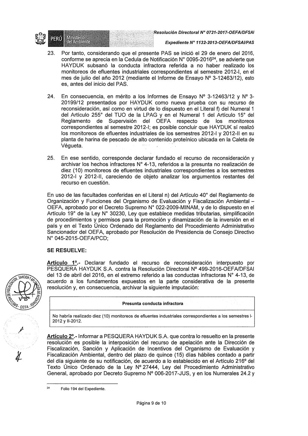 , ':'Resolución Directora/ Nº 0721-2017-OEFAIDFSAI Expediente Nº 1132-2013-OEFAIDFSAI/PAS 23. 24. 25.