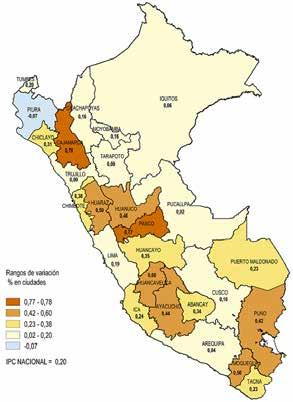 2,27 2,16 2,09 Variacion % mensual del Índice de Precios al Consumidor a nivel Nacional y Principales Ciudades Ciudades Variación % Cajamarca 0,78 Cerro de Pasco 0,77 Huancavelica 0,60 Huaraz 0,59