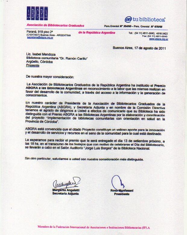Figura 3: Notificación del premio recibido por la Asociación de Bibliotecarios Graduados de la República Argentina (ABGRA) Biblioteca 25 de mayo Cuenta de 2173