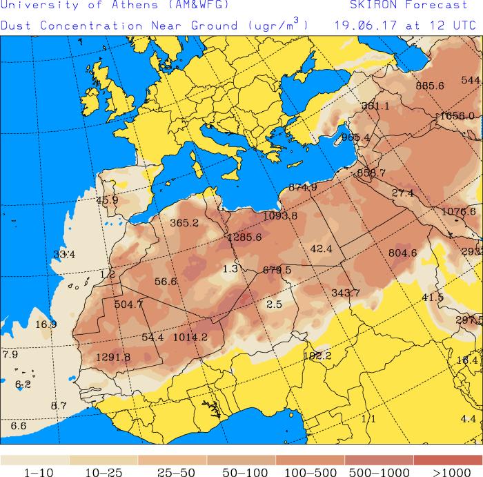 Concentración de polvo (μg/m 3 ) predicha por el modelo SKIRON para los días 17, 18 y 19 de junio de 2017 a las 00 UTC (izquierda) y a las 12 UTC (derecha). Universidad de Atenas.