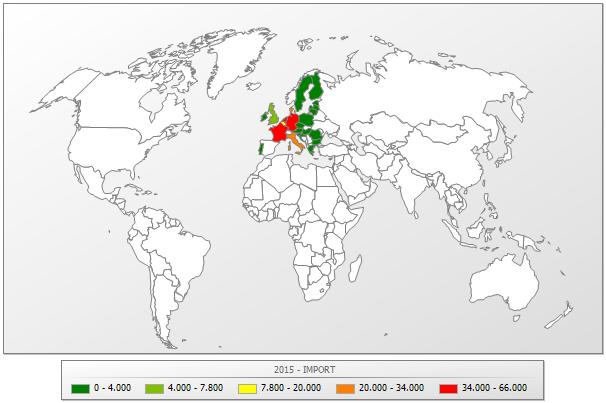 Procedencias de la importación de quesos hacia España. Fuente: DataComex (Ministerio de Economía y Competitividad).