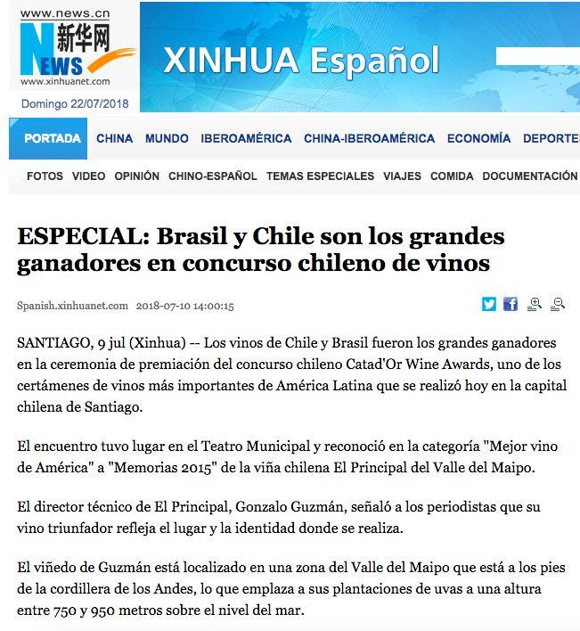 DESTACADOS INTERNACIONAL AGENCIAS DE NOTICIAS Fecha: 9/07/2018 Medio: Agencia Xinhua (China) Tema: Chile y