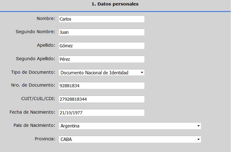 EJEMPLO DE LA CARGA DE DATOS PERSONALES: 2. Datos de Contacto.