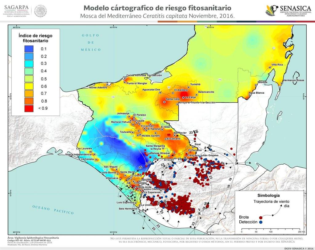 4.3 Modelo cartográfico de riesgo fitosanitario de C. capitata El modelo cartográfico de riesgo fitosanitario, muestra las zonas con riesgo de establecimiento de la plaga.
