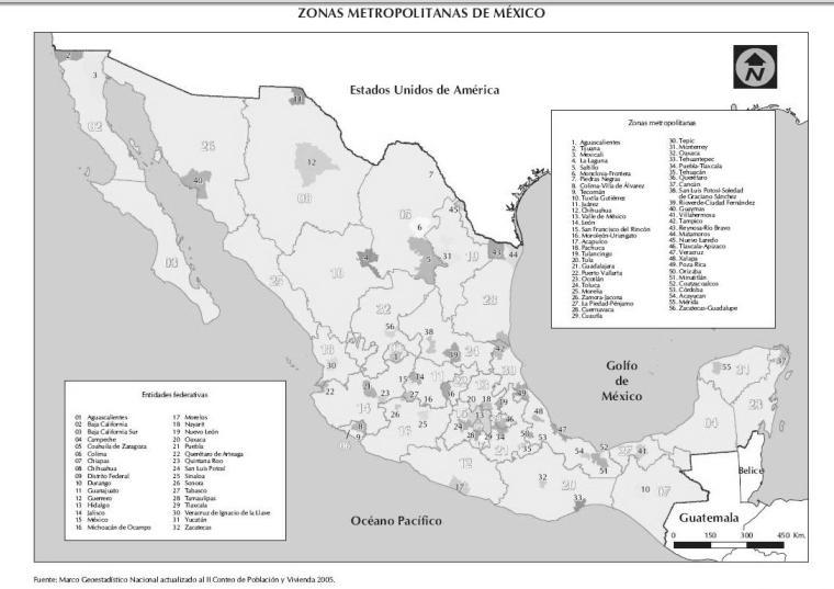 Zona metropolitana (incluye municipios conurbados) Población 2005 en millones de habitantes Latitud norte Longitud oeste Altitud msnm Ciudad de México 19,2 19,40 99,17 2309 Puebla 2,5 19,00 98,17