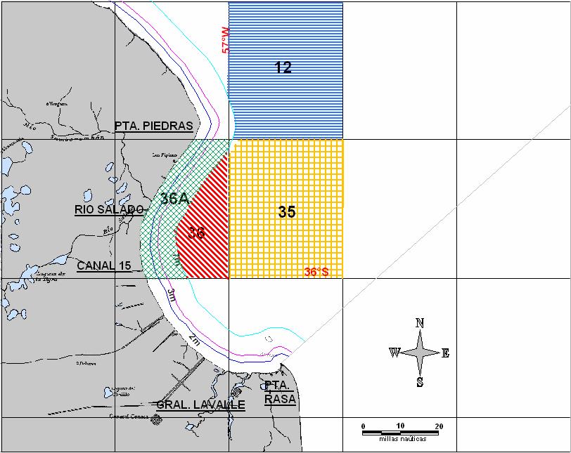 Cuadrícula Captura (t) 37,5 35 7, 3 13,5 3A 15 Figura. Área de pesca donde operó la flota de rada o ría del puerto de Río Salado.
