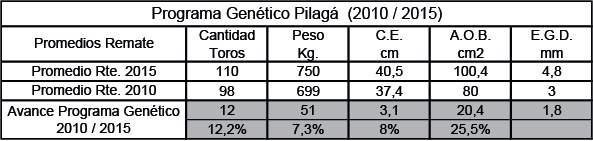 mediciones de los reproductores Remate Cabaña Pilagá 2015 CATEGORIAS CANTIDAD PESO C.E. AOB (cm2) EGD (MM) Toros 3 Años 95 764 40.9 102 4.9 Toros 2 Años 15 665 38.5 90.5 4.6 Promedio 110 750 40.5 100.