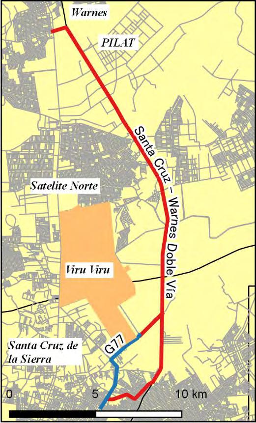 (2) Doble Vía Santa Cruz de la Sierra Warnes Se han elaborado un nuevo proyecto que conectará los municipios de Cotoca, Warnes y Santa Cruz con una longitud de 12km.