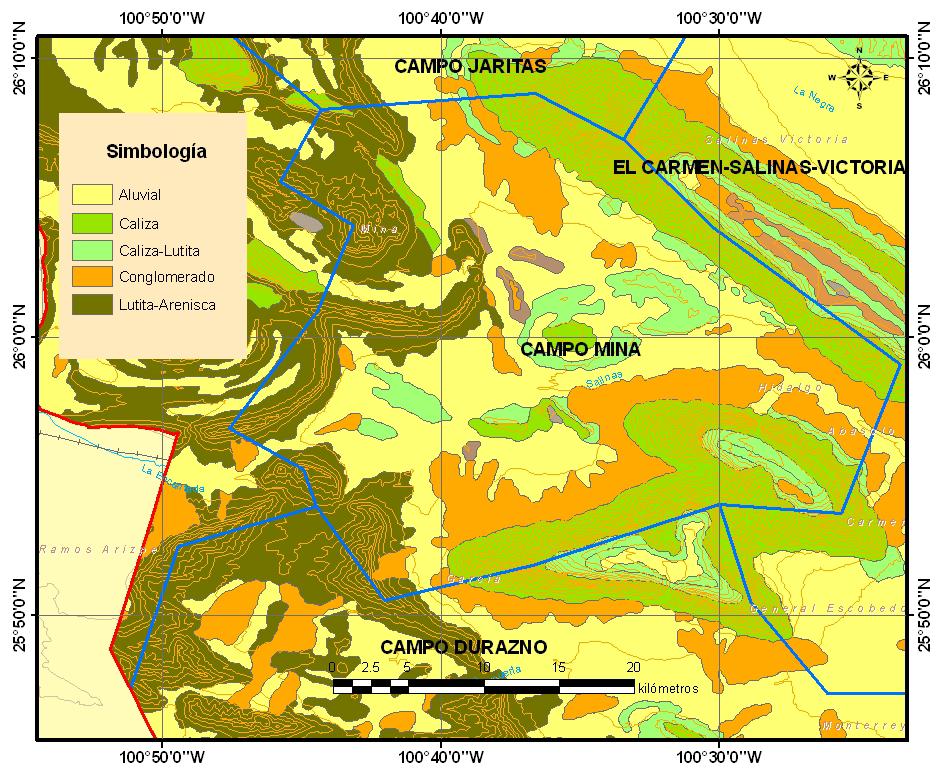 Figura No. 2. Mapa Geológico. La Taraises es por su constitución impermeable y funciona como confinante inferior de las calizas acuíferas Cupido y Aurora.