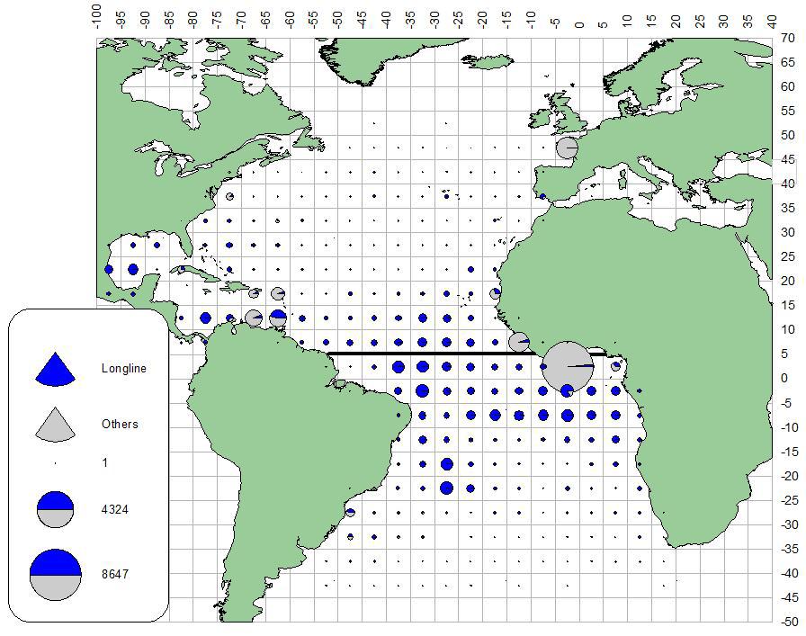 BUM (2000-2008) BUM-WHM-Figura 1a. Distribución geográfica de las capturas medias de BUM (2000-2008) por artes principales.