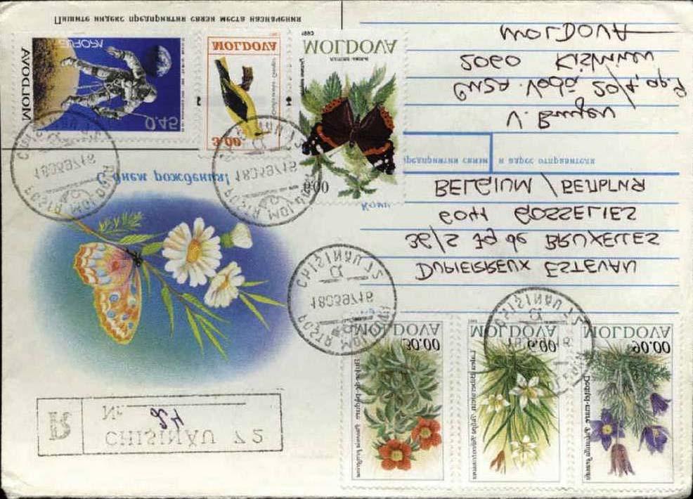 1997 Marzo 18 : Lepidoptera 1993 (Scott : 94-97), entero postal de URSS, enviado certificado de Chisinau a Gosselies, Belgica, con sellos