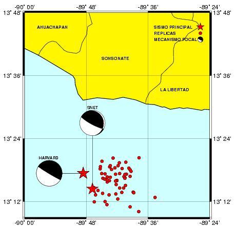 Figura 4: Epicentro y mecanismo focal de sismo ocurrido el 13 de diciembre del 2004 frente a Costas del Departamento de