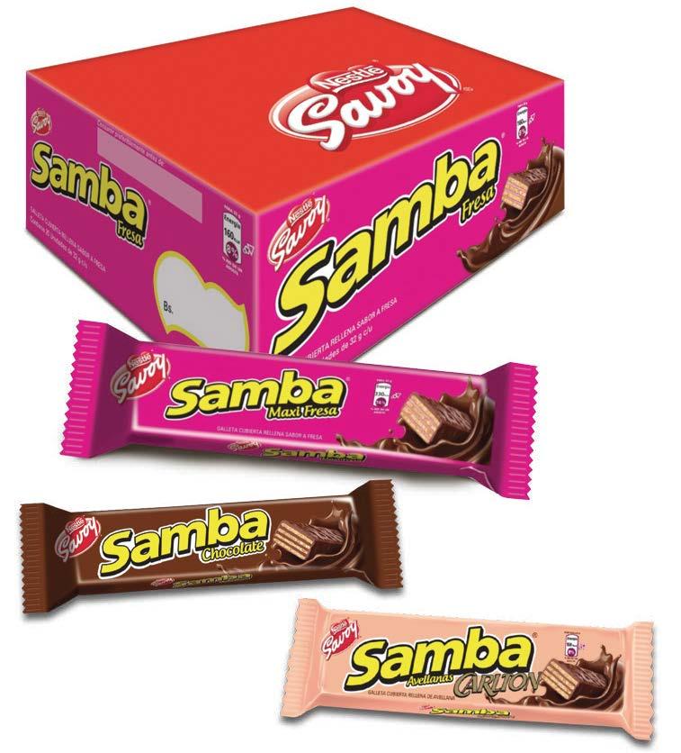 CONFITES / CONFECTIONERY SAMBA SAMBA (Vida Útil 6 meses / Product Life 6 months) Galleta cubierta rellena sabor a: Fresa / Chocolate / Avellana.