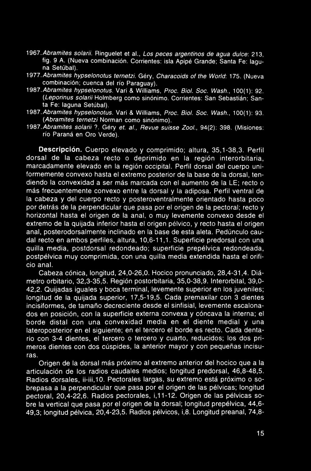 1967.Abramites solarii. Ringuelet et al., Los peces argentinos de agua dulce: 213, fig. 9 A. (Nueva combinación. Corrientes: isla Apipé Grande; Santa Fe: laguna Setúbal). 1977.
