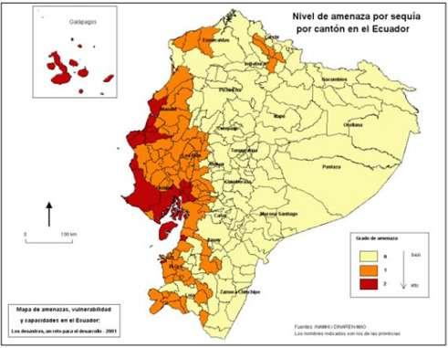 Figura 12-8. Nivel de Amenaza por sequía por cantón en el Ecuador Fuente: IGEPN, 2001.